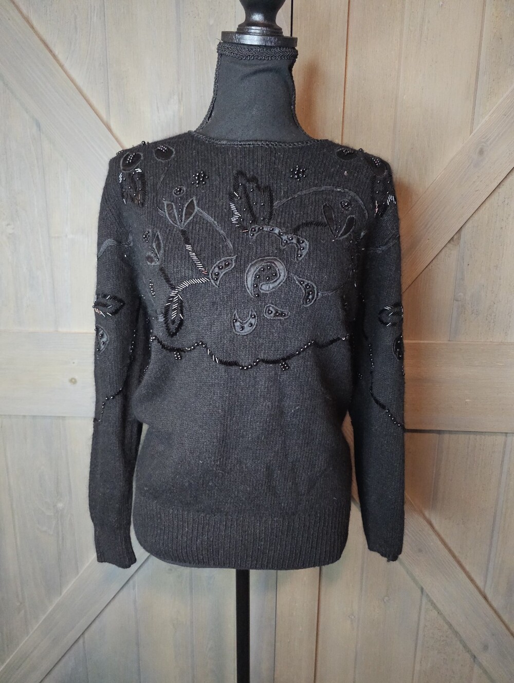 Vintage Marmie West Black Beaded Crewneck Sweater sz Large